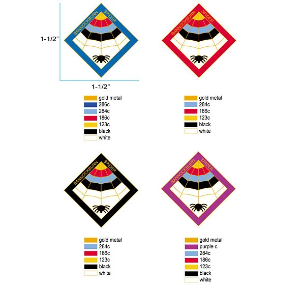 Artwork proof for a diamond-shaped enamel badge in four colourways with Pantone colour references