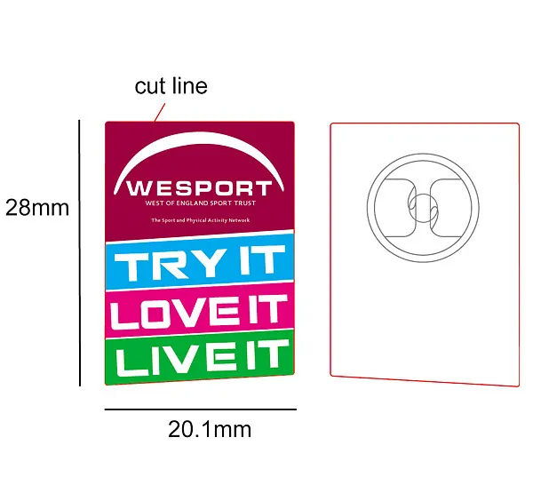 Artwork proof for a Wesport 'Try it, Love it, Live it' badge showing the cut line