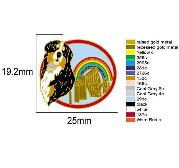 Artwork proof for a 25mm dog and rainbow enamel badge with Pantone colours
