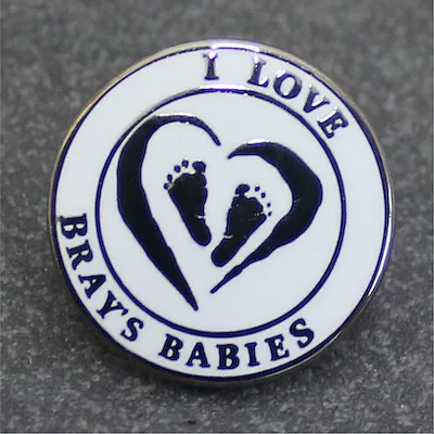 Round I Love Bray's Babies cloisonné pin badge with footprint heart