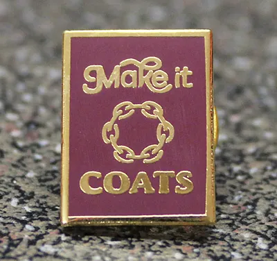 Rectangular maroon 'Make it Coats' cloisonné pin badge with gold plating