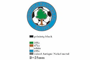 Artwork proof for a 25mm round football club tree crest badge with printed text