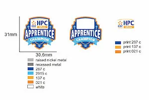 Artwork proof for an HPC Apprentice Champion shield badge with printed logo