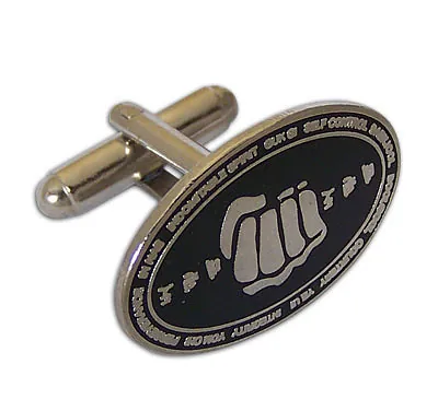 Oval black enamel martial arts fist logo cufflink in nickel