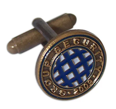 Round antique bronze Group Security cufflink with blue enamel