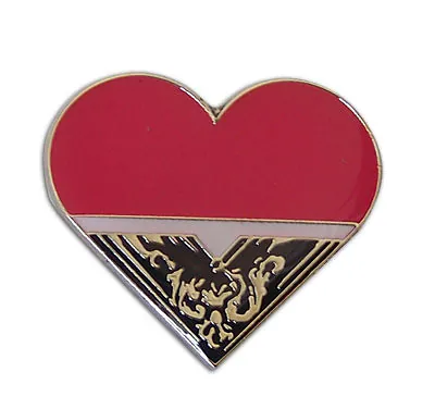 Red heart-shaped enamel pin badge with ornate black and gold detail