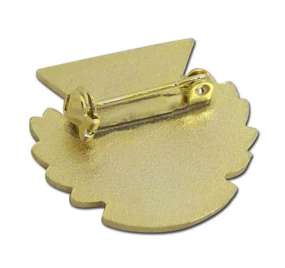 Brooch pin fitting on the back of a gold enamel pin badge
