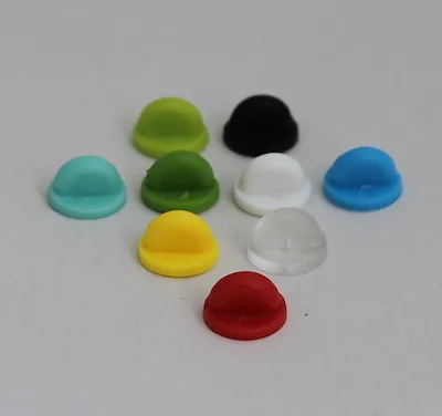 Coloured rubber pin badge backs in black, white, blue, green, yellow and red