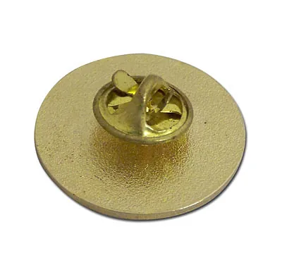 Butterfly clutch fitting on the back of a round gold pin badge