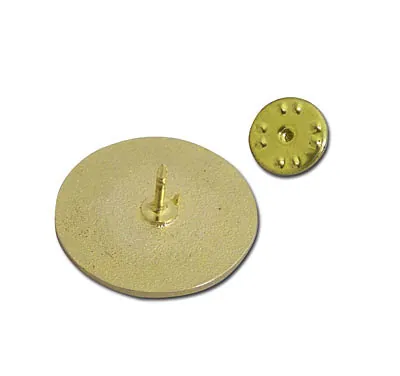 Round gold pin badge with single pin and butterfly clutch removed