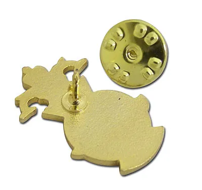 Back of a shaped gold pin badge with two butterfly clutch fittings