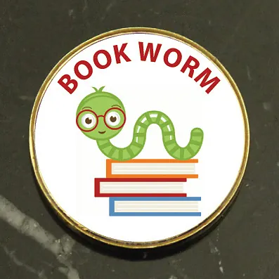 Book Worm round school reward badge with cartoon worm on books