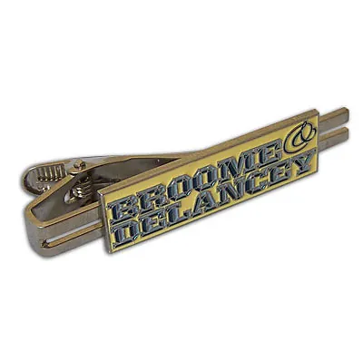 Broome & Delancey logo tie slide in gold and navy enamel