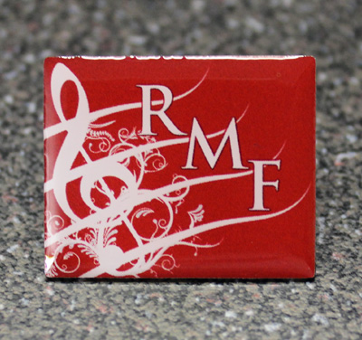 Photo printed RMF pin badge with musical note design